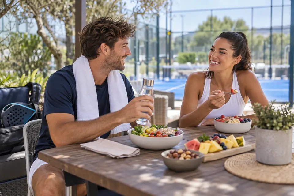 Escena ilustrativa de amigos disfrutando de comida fresca después del pádel.